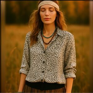 Vintage Joanne Black White Animal Print Silky Blouse Size Medium